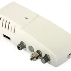 Biały DVB-T modulator z portem USB i złączami antenowymi.