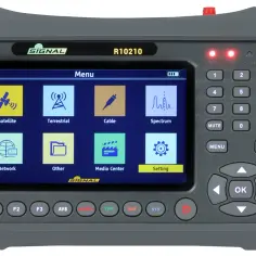 Miernik sygnału DVB-T SIGNAL R10210 z ekranem menu, ikonami Satellite, Terrestrial, Cable, Spectrum, Network, Other, Media Center i Setting.
