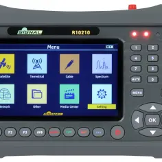 Miernik telewizji naziemnej SIGNAL R10210 z ekranem menu, ikonami Satellite, Terrestrial, Cable, Spectrum, Network, Other, Media Center i Setting.