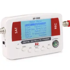 Cyfrowy miernik jakości sygnału satelitarnego SF-500 z ekranem LCD, przyciskami nawigacyjnymi i wbudowanym kompasem.