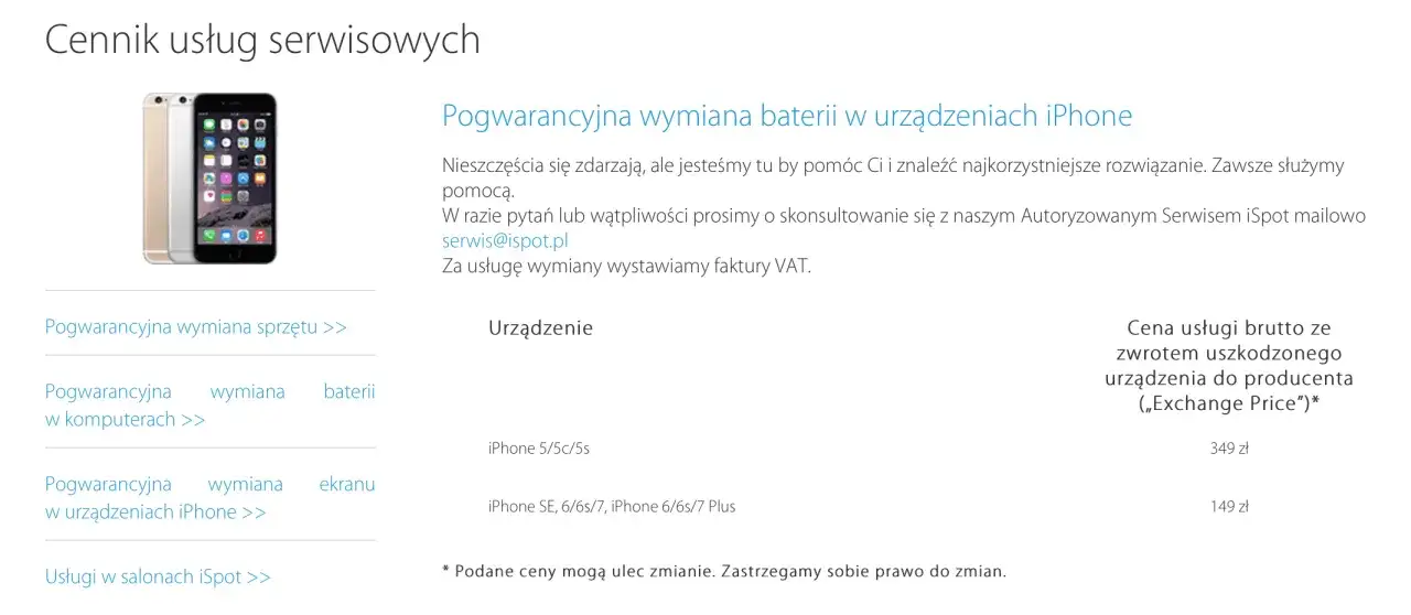 Czy w iSpot wymieniają baterie? Tak, oferują pogwarancyjną wymianę baterii w iPhone'ach. Ceny od 149 zł.