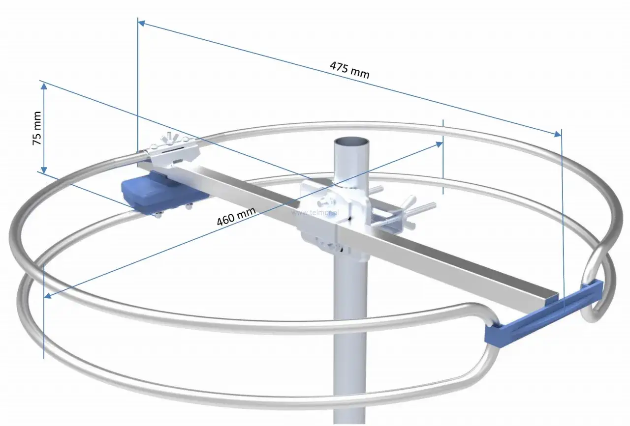 Dookólna antena radiowa z metalowymi pierścieniami i niebieskimi elementami mocującymi. Wymiary: 460 mm, 475 mm, 75 mm.