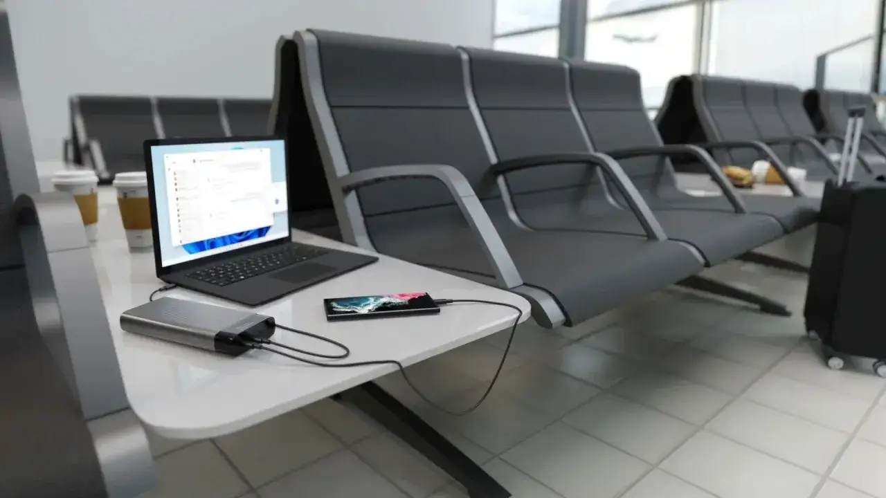 Laptop z systemem Windows 11 i telefon ładują się z powerbanku na lotnisku. To pokazuje, co oznacza wh – moc potrzebna do pracy w podróży.