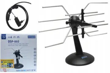 Antena pokojowa Telkom Telmor DSP-860 do odbioru FM, DAB i DVB-T. Zestaw zawiera antenę, zasilacz i kabel.