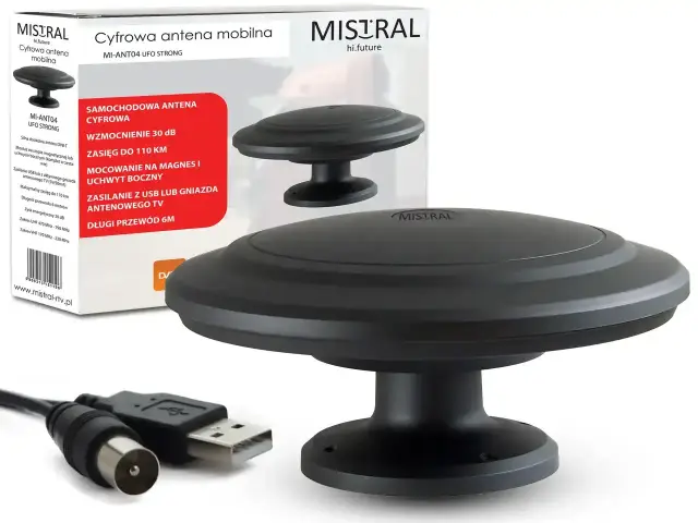 Antena samochodowa Mistral MI-ANT04 UFO STRONG, zasilana z USB, odbiera sygnał DVB-T. To rozwiązanie, które pomoże Ci cieszyć się telewizją cyfrową w podróży, niezależnie od tego, co to jest MUX.